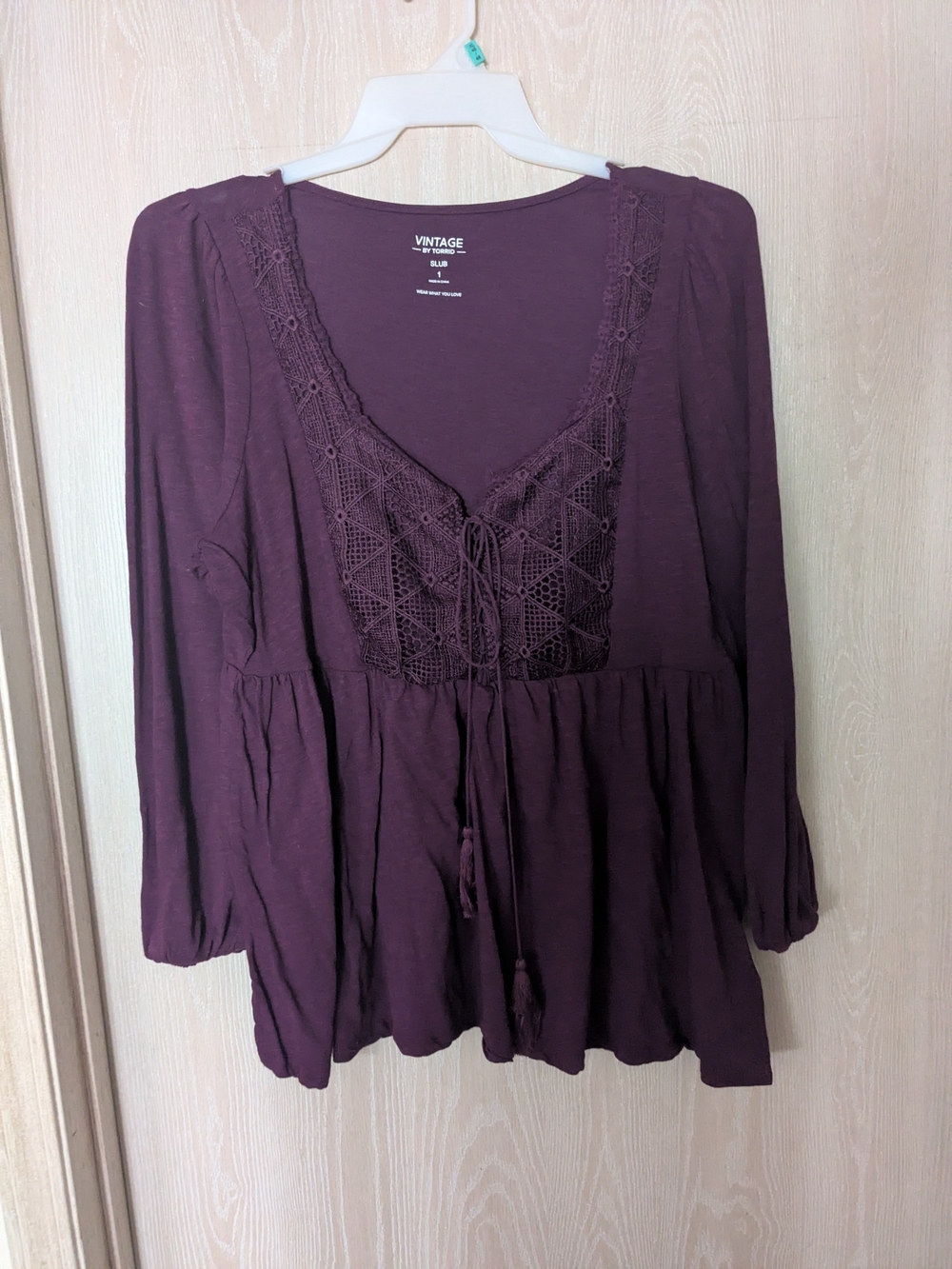 torrid Plum Crochet-Front Peasant Long Sleeve Top